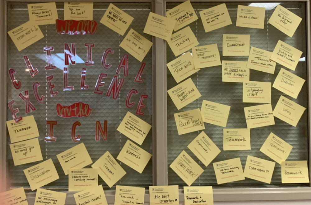 A wall decorated with messages to celebrate units on Clinical Excellence Day.
